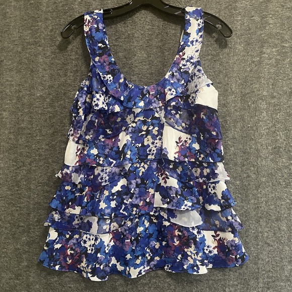 White House Black Market Tops - White House Black Market Top Women L Blue Floral Tiered Ruffle Sleeveless Blouse
